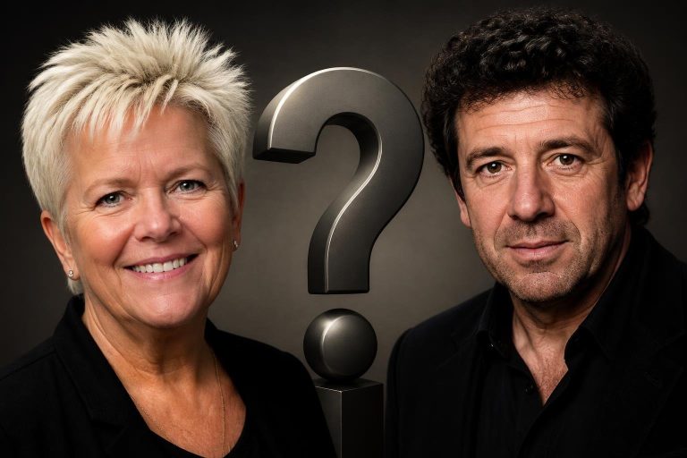 Mimie Mathy et Patrick Bruel, visages séparés par un point d'interrogation, illustrant la polémique