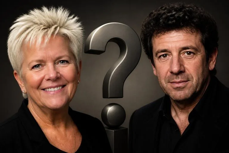 Mimie Mathy et Patrick Bruel, visages séparés par un point d'interrogation, illustrant la polémique