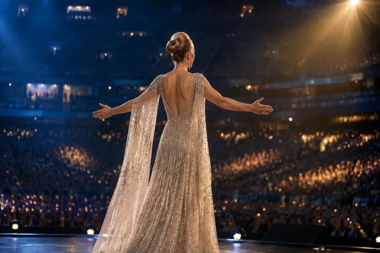 Céline Dion vue de dos sur scène face à un public, baignée de lumières bleues et dorées évoquant sa maladie.