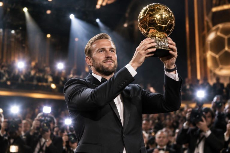 Harry Kane en smoking sur scène levant triomphalement le trophée du Ballon d'Or sous les flashs des photographes lors de la cérémonie.