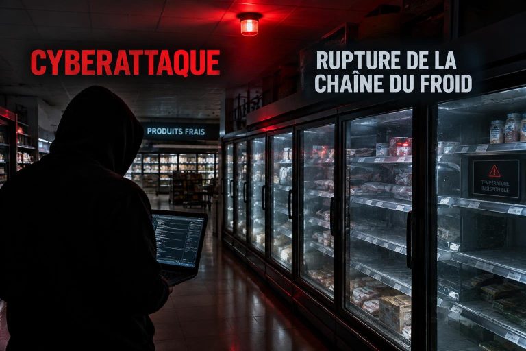 Rayon frigorifique de supermarché dans la pénombre avec une alerte rouge et un pirate informatique, illustrant la cyberattaque et la rupture de la chaîne du froid.