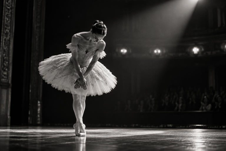 Photographie artistique en noir et blanc d'une étoile de ballet saluant sur scène dans un costume élégant, éclairée par un projecteur dramatique.