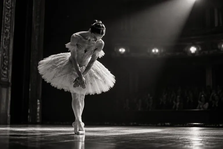 Photographie artistique en noir et blanc d'une étoile de ballet saluant sur scène dans un costume élégant, éclairée par un projecteur dramatique.