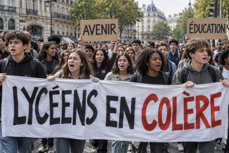 Groupe de lycéens manifestant dans la rue avec des pancartes et une banderole exprimant leur colère.