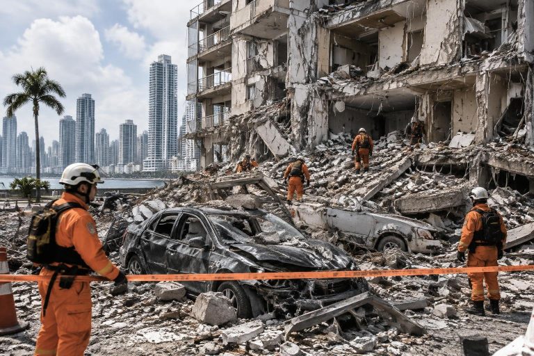 Secouristes en orange sécurisant une rue de Panama City jonchée de débris et de voitures écrasées sous un bâtiment effondré.